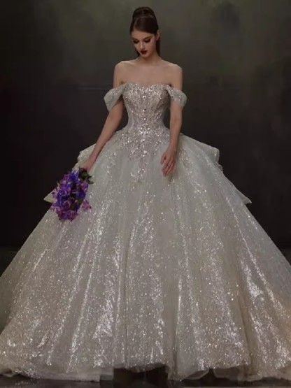 Elegant Ball Gown Off The Shoulder Sequin Short Sleeves Sequin Wedding Dresses C211