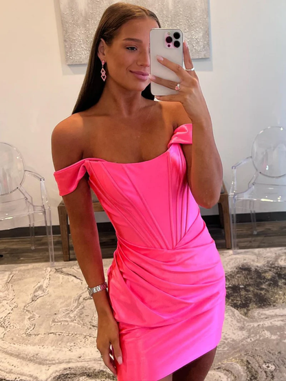 Sheath Off the Shoulder Short Satin Homecoming Dress Y2906