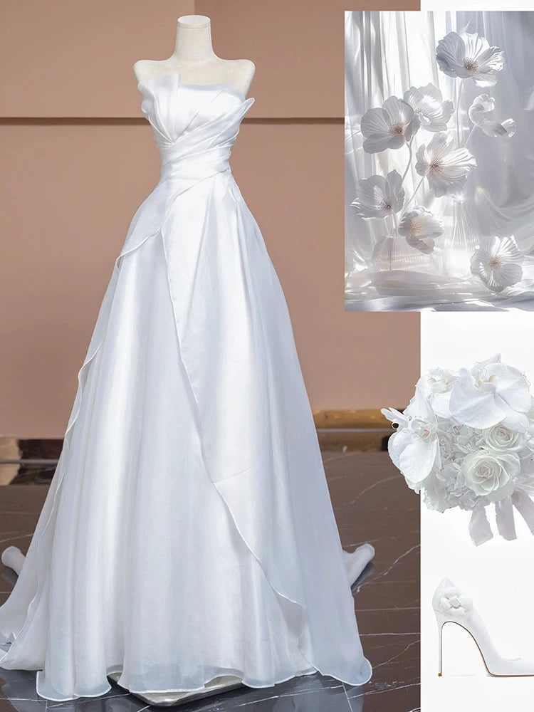 Aesthetic Ball Gown Strapless White Long Wedding Dresses Brides Dress
