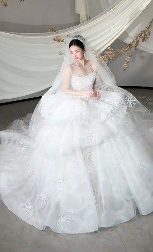 Dreamy White Ball Gown Starpless Tulle Lace With Veil Long Wedding Dresses C4114