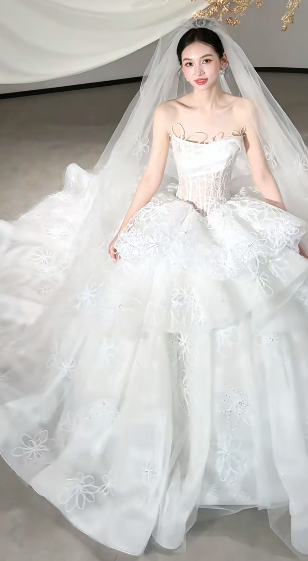 Dreamy White Ball Gown Starpless Tulle Lace With Veil Long Wedding Dresses C4114