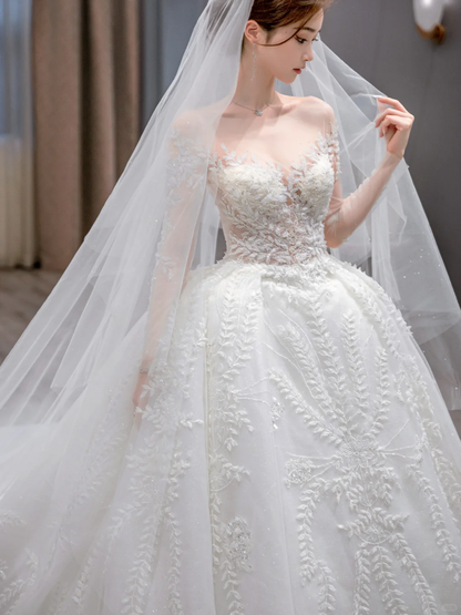 Dreamy Ball Gown Tulle Applique Long Sleeves With Veil Long Wedding Dresses C4226