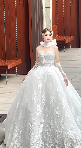 Sweet Ball Gown Strapless Tulle Lace With Sleeves Veil Long Wedding Dresses C4234