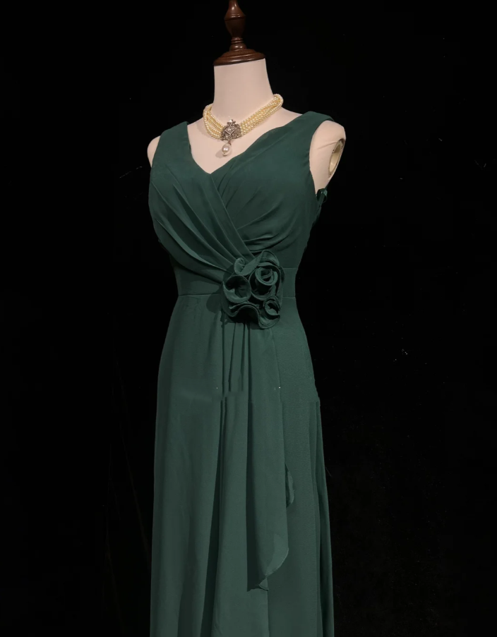 Vintage V Neck Dark Green Chiffon Long Wedding Guest Dress Formal Evening Dress Prom Gowns