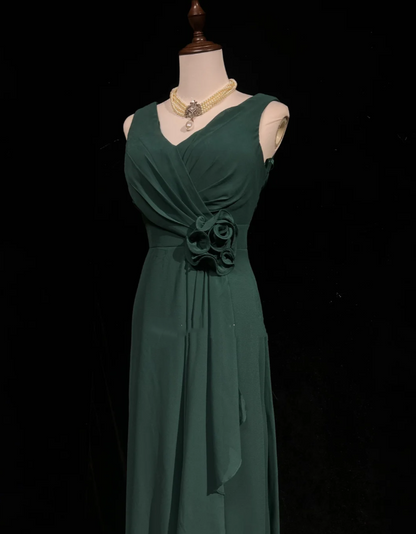 Vintage V Neck Dark Green Chiffon Long Wedding Guest Dress Formal Evening Dress Prom Gowns