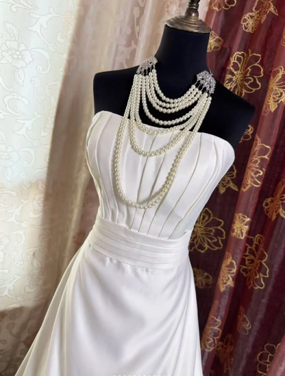 Elegant Strapless Satin Mermaid White Long Wedding Dress Bridal Dress SP1953