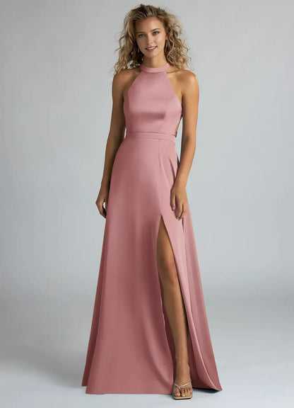 Chic A-Line Halter Neck Sleeveless Crisscross Back Floor Length Bridesmaid Dress