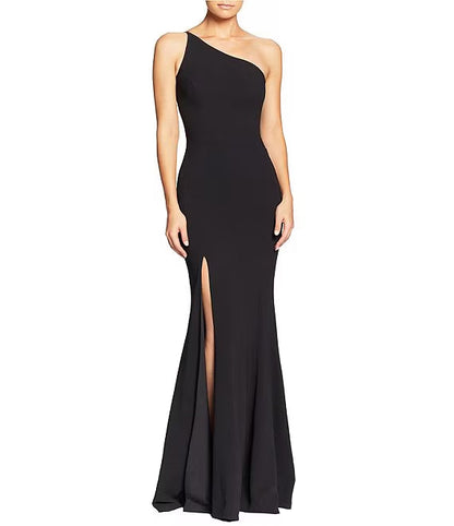 Asymmetric one shoulder collar with front slit and sleeveless prom dress