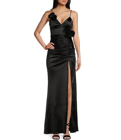 Rose trim V-neck length prom dress