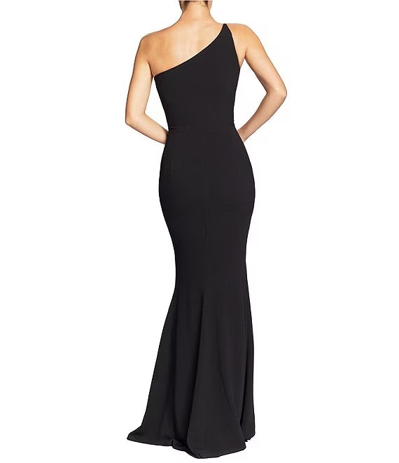 Asymmetric one shoulder collar with front slit and sleeveless prom dress