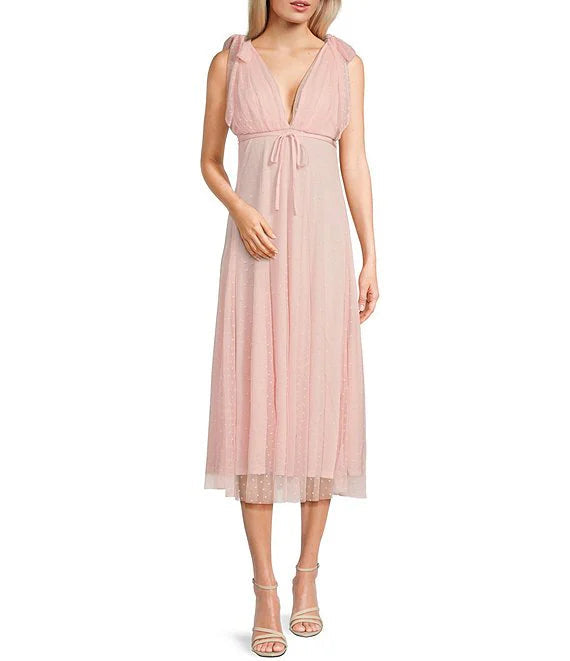 Sleeveless V-neck with round dots medium length prom dress