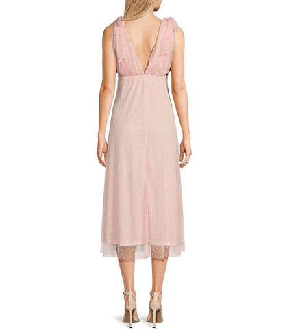 Sleeveless V-neck with round dots medium length prom dress