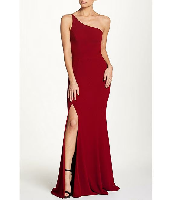Asymmetric one shoulder collar with front slit and sleeveless prom dress
