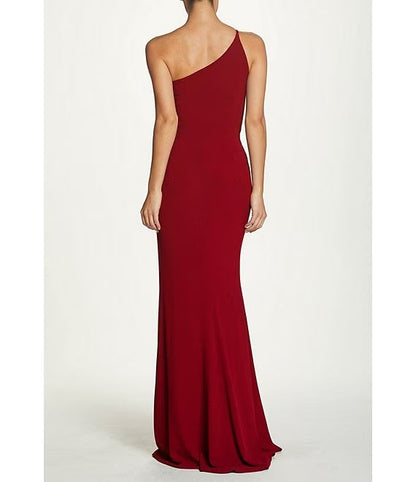 Asymmetric one shoulder collar with front slit and sleeveless evening dress