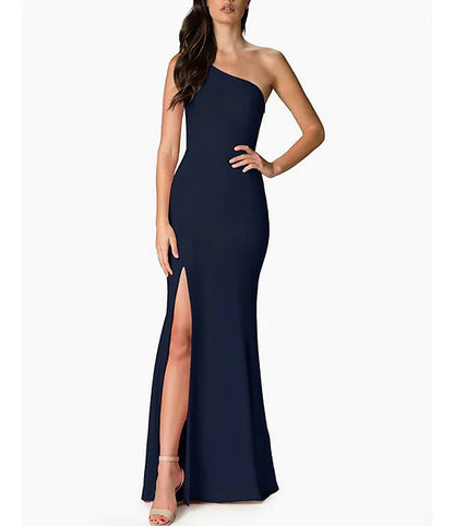 Asymmetric one shoulder collar with front slit and sleeveless evening dress