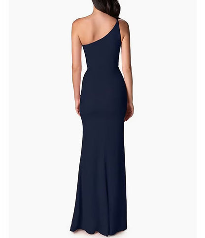 Asymmetric one shoulder collar with front slit and sleeveless evening dress