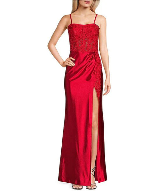 Illusion lace tight fitting corset with back lace up and front slit long evening dress