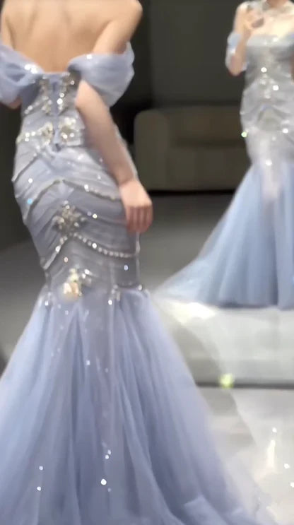 Blue Off Shoulder Beading Mermaid Long Prom Dress Evening Gown, D124