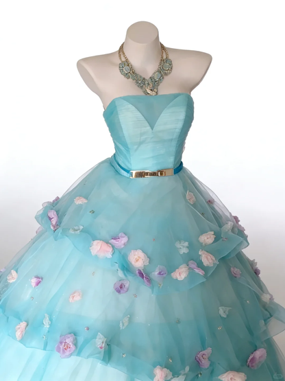 Sweet Blue Strapless Ball Gown Tulle Appliques Layered Birthday Quinceanera Dress SP2033