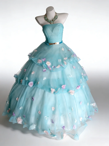Sweet Blue Strapless Ball Gown Tulle Appliques Layered Birthday Quinceanera Dress SP2033