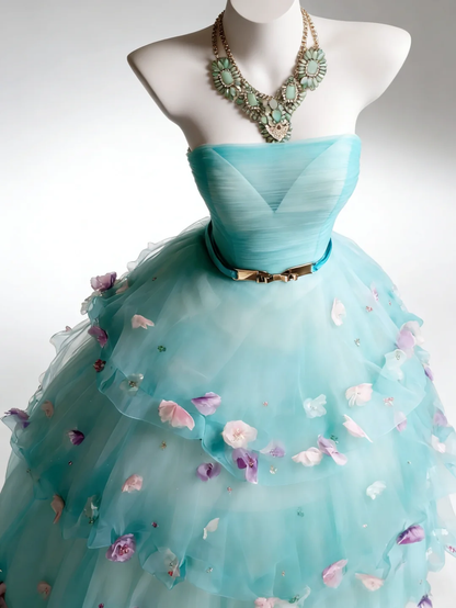 Sweet Blue Strapless Ball Gown Tulle Appliques Layered Birthday Quinceanera Dress SP2033