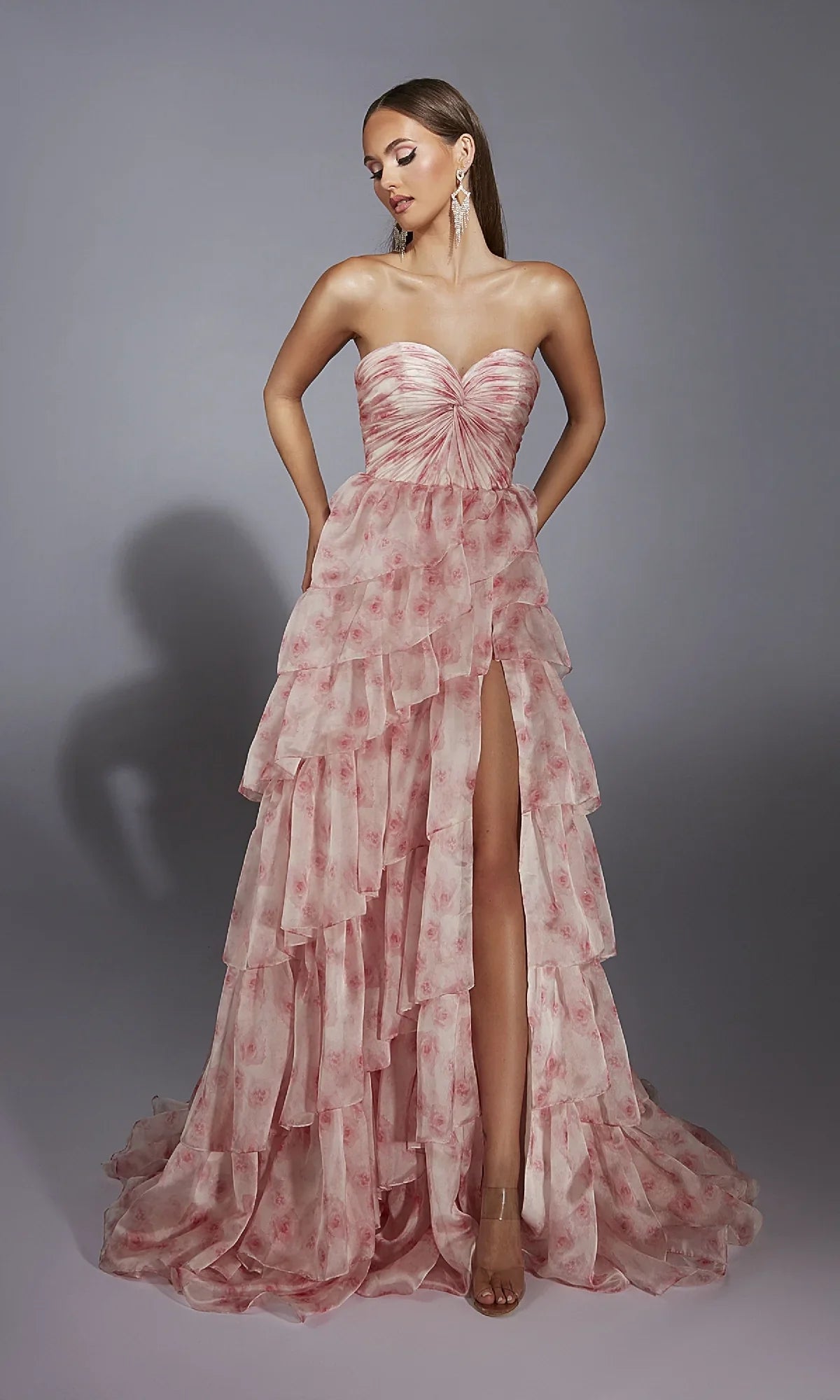 Dreamy Floral Organza A-Line Sweetheart Neck Strapless Back Zip Tiered Ruffle Maxi Prom Dresses