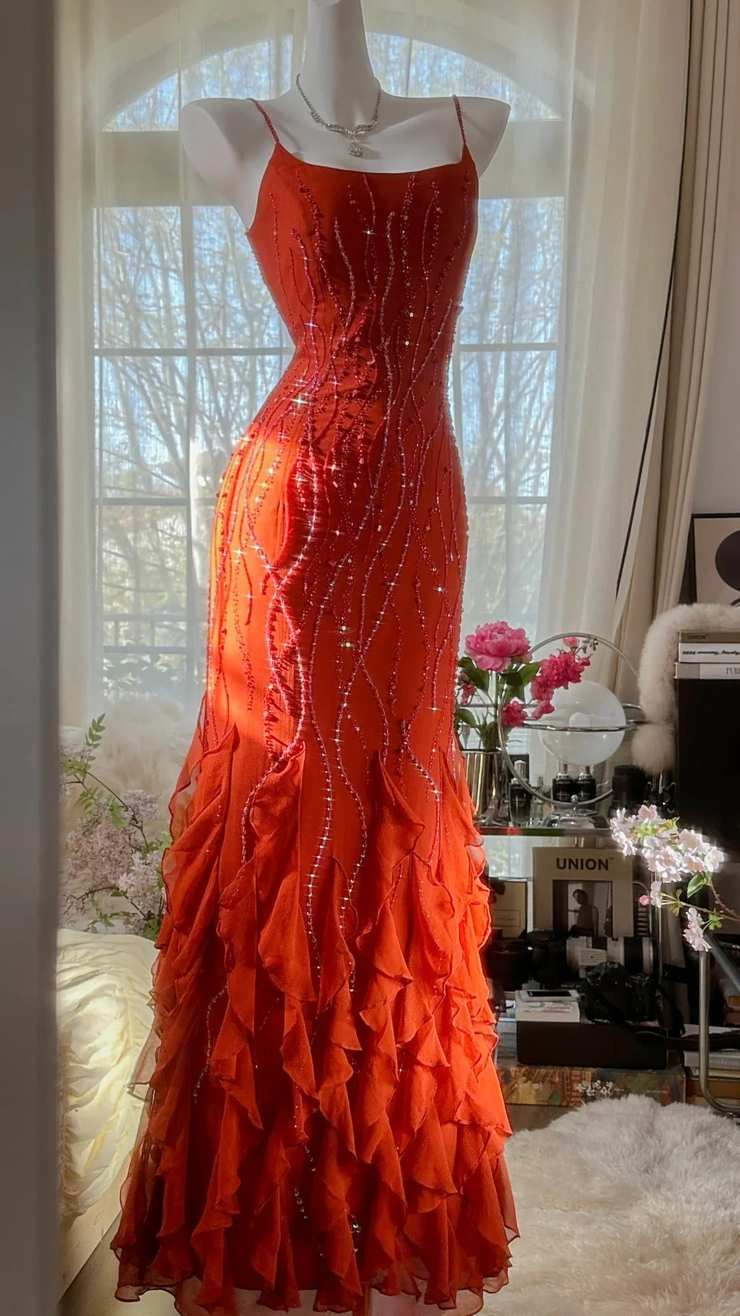Luxury Chiffon Ruffles Prom Dress,Spaghetti Straps Beaded Party Evening Dress Y8715