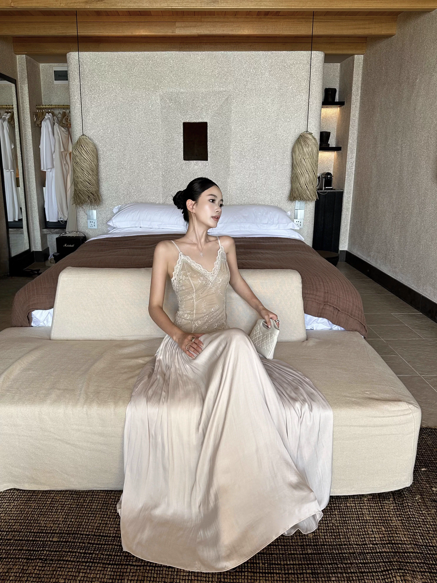 Unique Apricot Spaghetti Straps V Neck Lace Satin A Line Long Evening Dress Party Gown