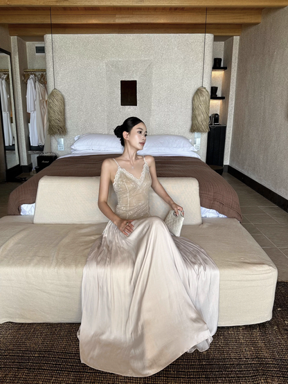 Unique Apricot Spaghetti Straps V Neck Lace Satin A Line Long Evening Dress Party Gown