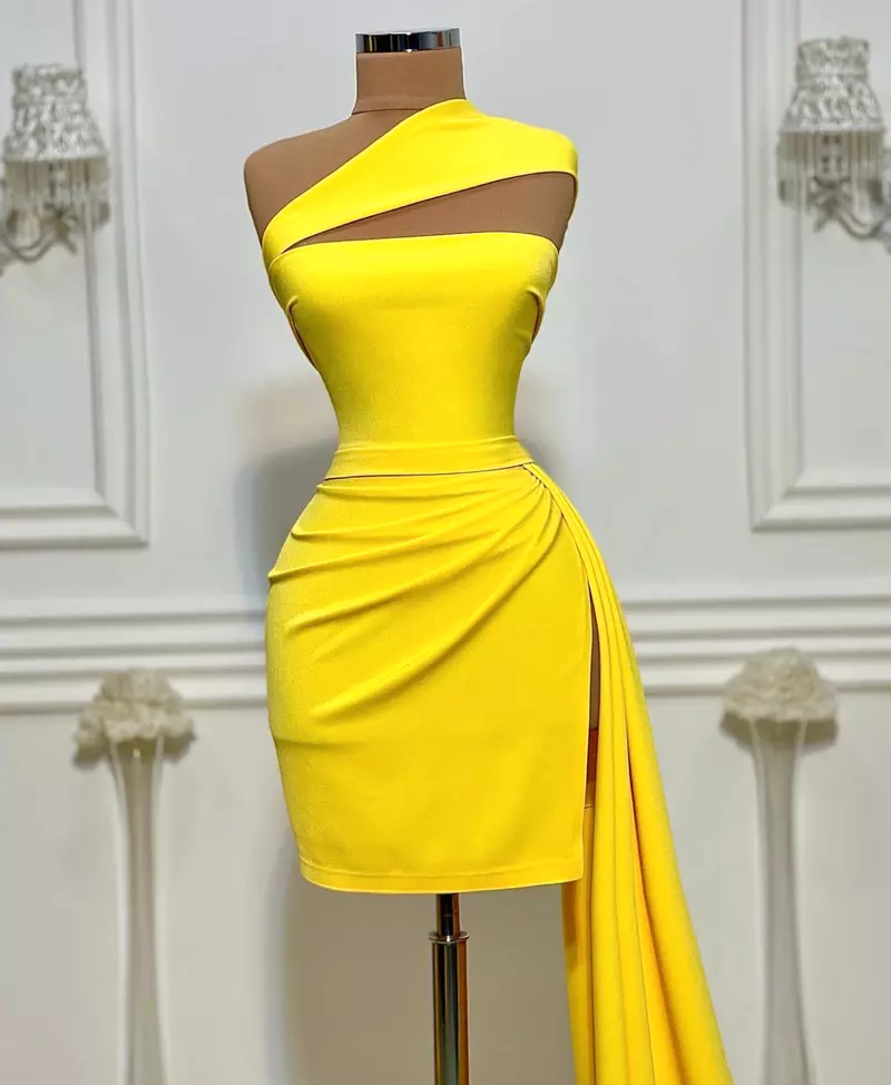 Yellow dinner short gown simple party dress  c2653