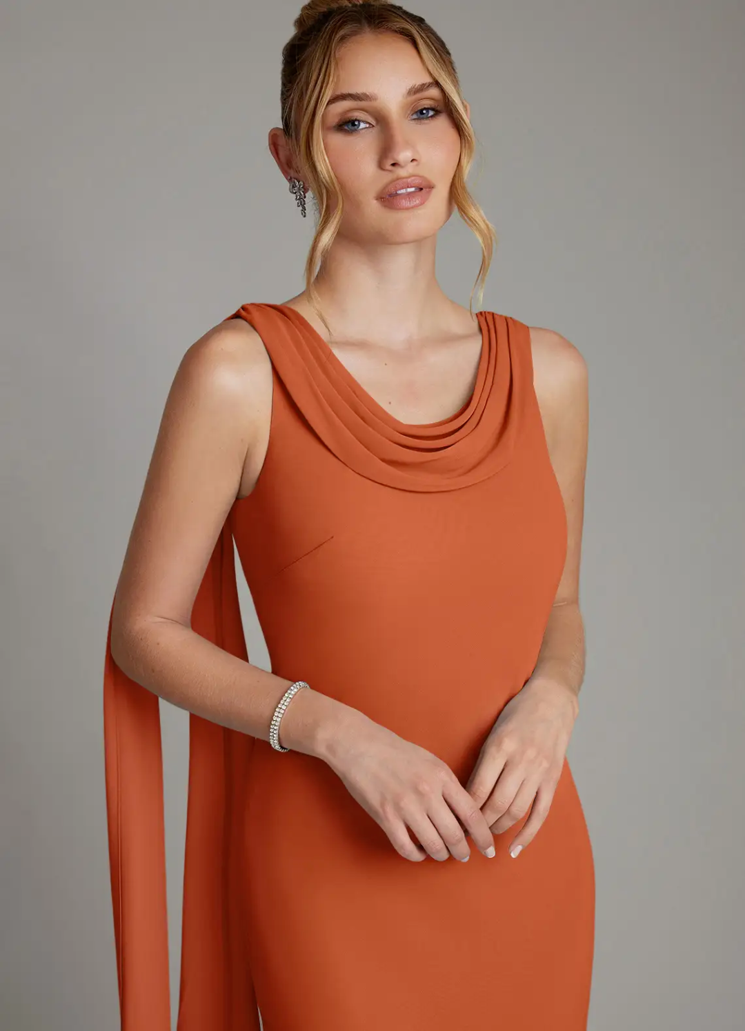 Elegant Crepe Cowl Neck Sleeveless Draped Back Train Floor-Length Bridesmaid Dress