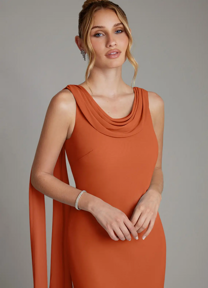 Elegant Crepe Cowl Neck Sleeveless Draped Back Train Floor-Length Bridesmaid Dress