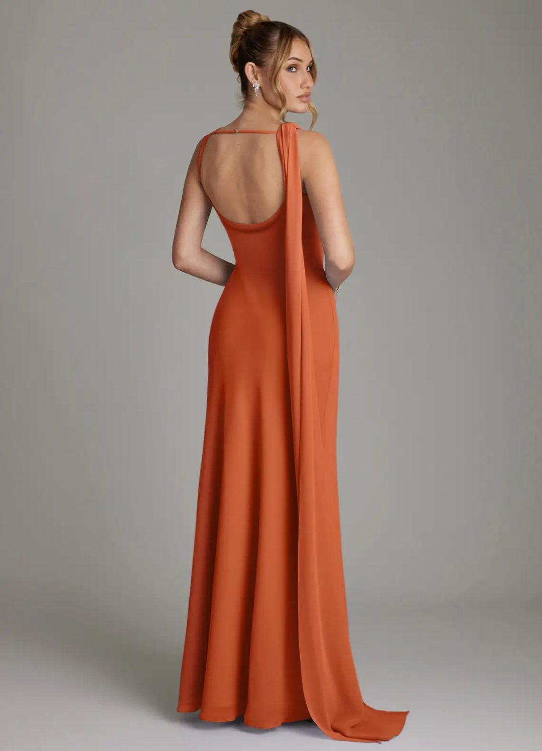 Elegant Crepe Cowl Neck Sleeveless Draped Back Train Floor-Length Bridesmaid Dress