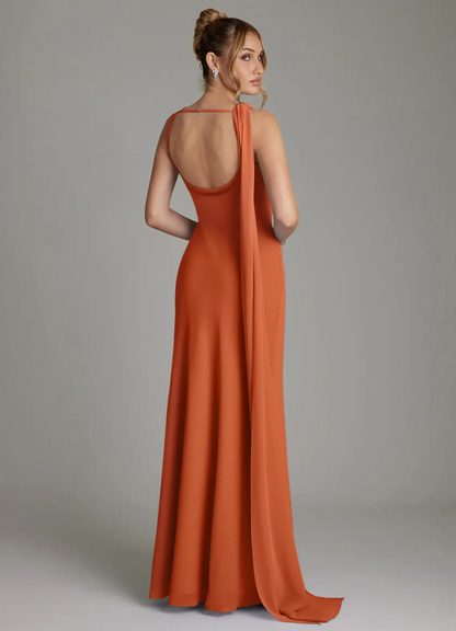 Elegant Crepe Cowl Neck Sleeveless Draped Back Train Floor-Length Bridesmaid Dress