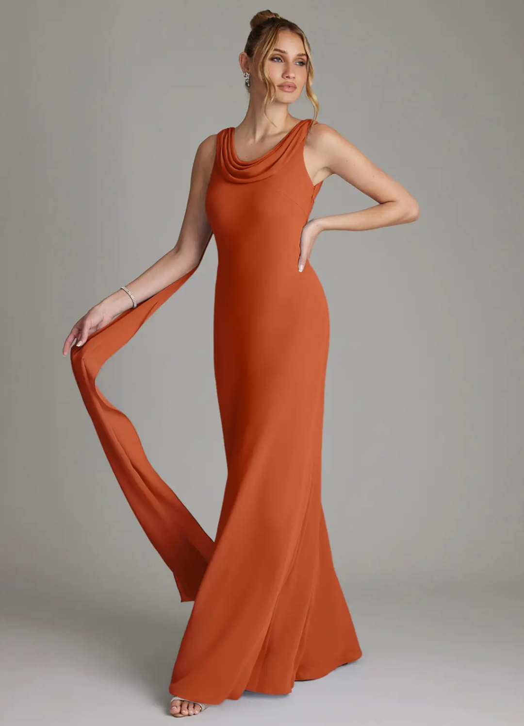 Elegant Crepe Cowl Neck Sleeveless Draped Back Train Floor-Length Bridesmaid Dress
