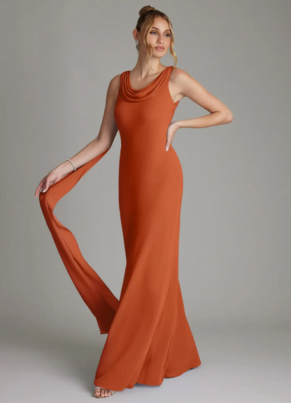 Elegant Crepe Cowl Neck Sleeveless Draped Back Train Floor-Length Bridesmaid Dress