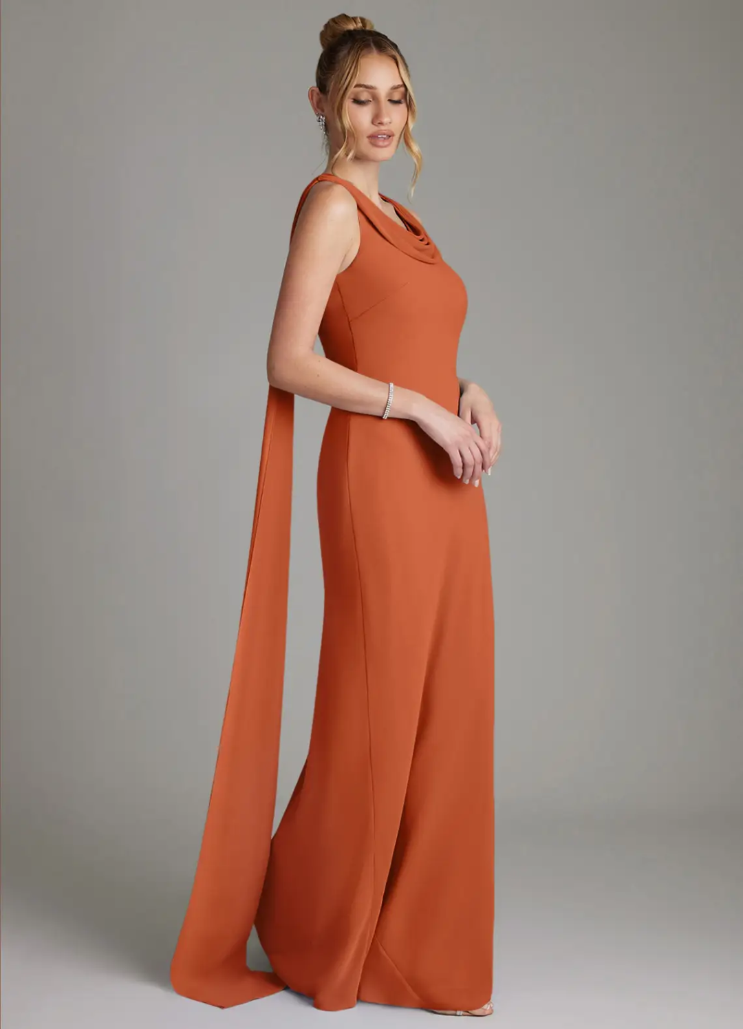 Elegant Crepe Cowl Neck Sleeveless Draped Back Train Floor-Length Bridesmaid Dress