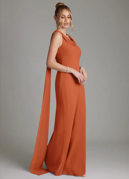 Elegant Crepe Cowl Neck Sleeveless Draped Back Train Floor-Length Bridesmaid Dress