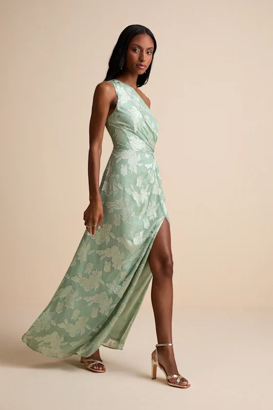 Elegant Floral Jacquard Chiffon Maxi One-Shoulder Sleeveless Twist Waist Prom Dresses