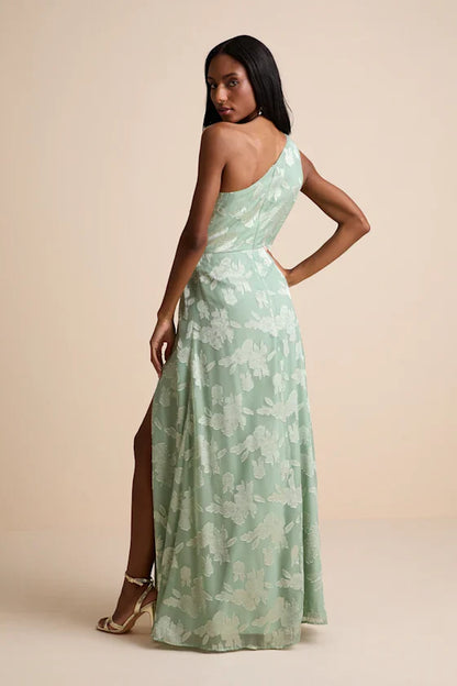 Elegant Floral Jacquard Chiffon Maxi One-Shoulder Sleeveless Twist Waist Prom Dresses