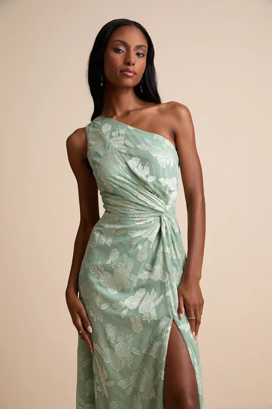 Elegant Floral Jacquard Chiffon Maxi One-Shoulder Sleeveless Twist Waist Prom Dresses