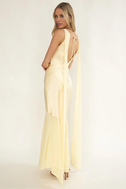 Elegant Light Yellow High Neck Asymmetric Sleeveless Tie-Back Satin Floor-Length Prom Dress