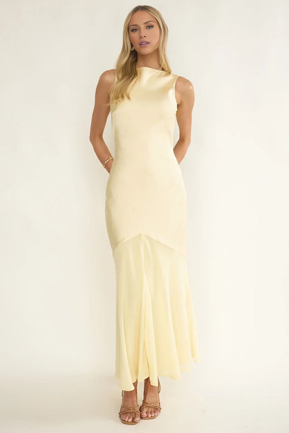 Elegant Light Yellow High Neck Asymmetric Sleeveless Tie-Back Satin Floor-Length Prom Dress