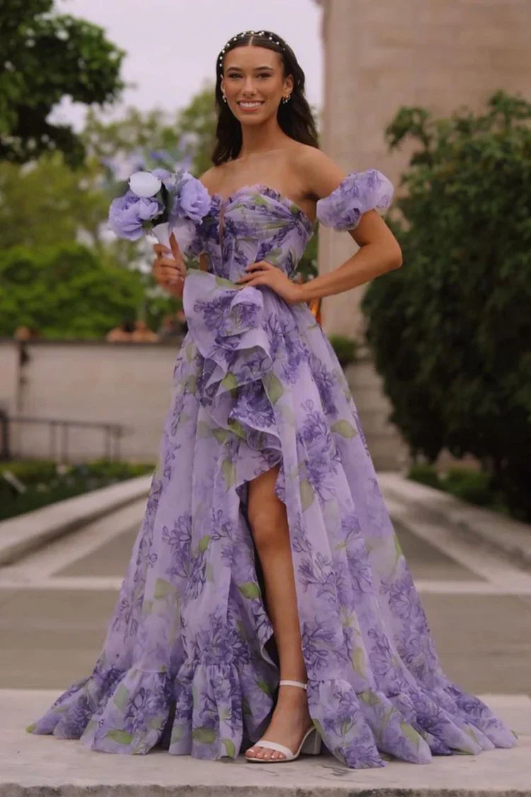 Enchanting Whimsical Fitted Ball Gown Off-the-Shoulder Puff Sleeve Floor-Length Ruffled High Slit Floral Print Prom Dresses