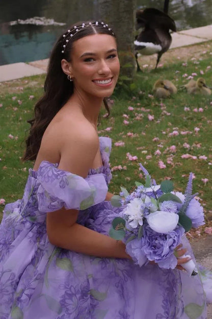 Enchanting Whimsical Fitted Ball Gown Off-the-Shoulder Puff Sleeve Floor-Length Ruffled High Slit Floral Print Prom Dresses