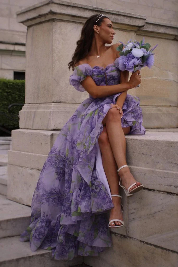 Enchanting Whimsical Fitted Ball Gown Off-the-Shoulder Puff Sleeve Floor-Length Ruffled High Slit Floral Print Prom Dresses
