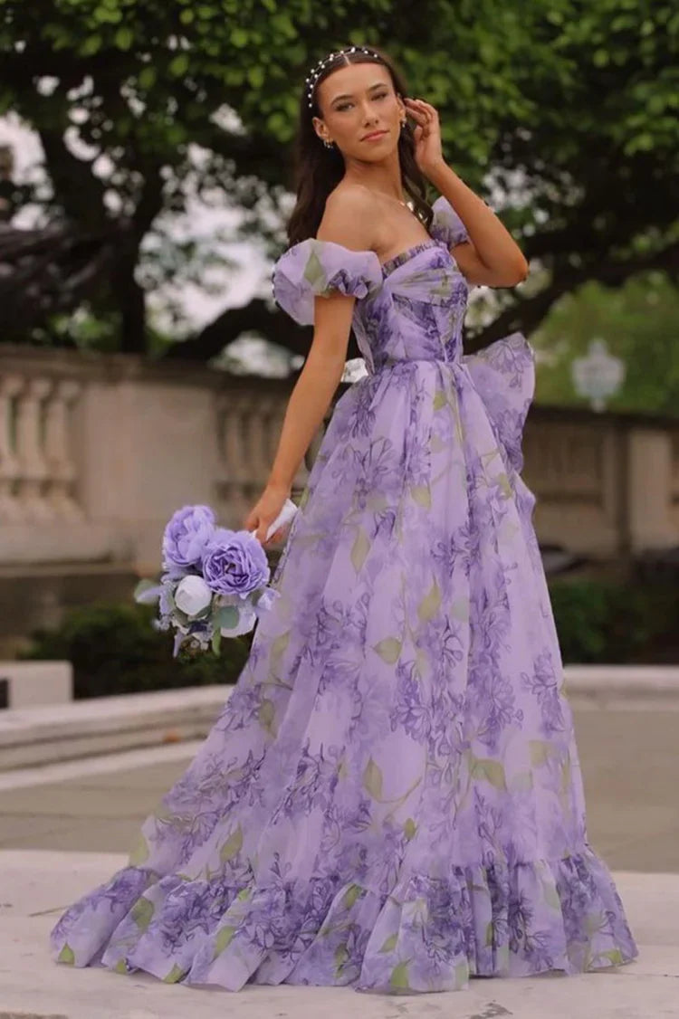 Enchanting Whimsical Fitted Ball Gown Off-the-Shoulder Puff Sleeve Floor-Length Ruffled High Slit Floral Print Prom Dresses