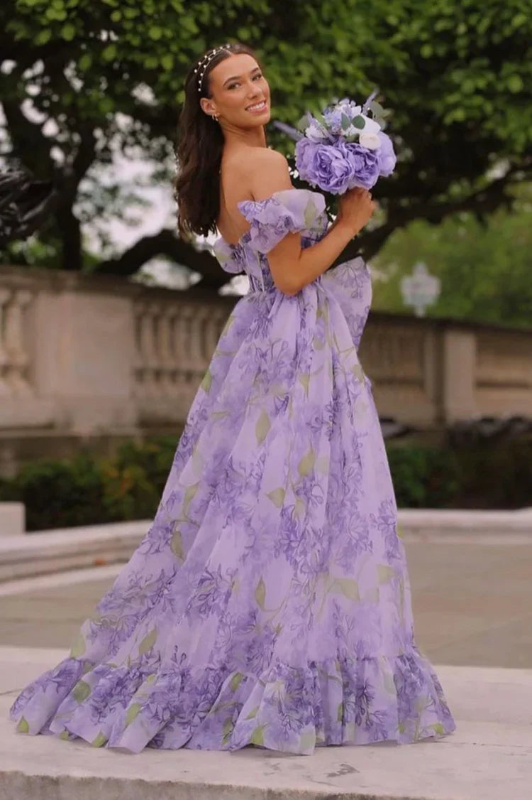 Enchanting Whimsical Fitted Ball Gown Off-the-Shoulder Puff Sleeve Floor-Length Ruffled High Slit Floral Print Prom Dresses
