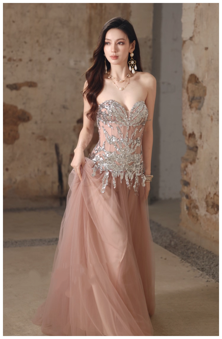 Pretty Pink Sweetheart Neck Tulle Sequin A Line Slit Long Evening Dress Party Gown