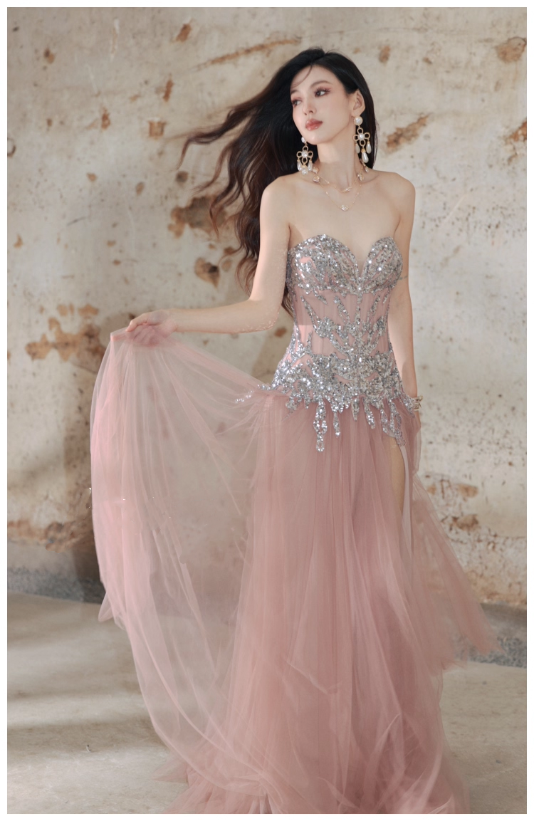 Pretty Pink Sweetheart Neck Tulle Sequin A Line Slit Long Evening Dress Party Gown